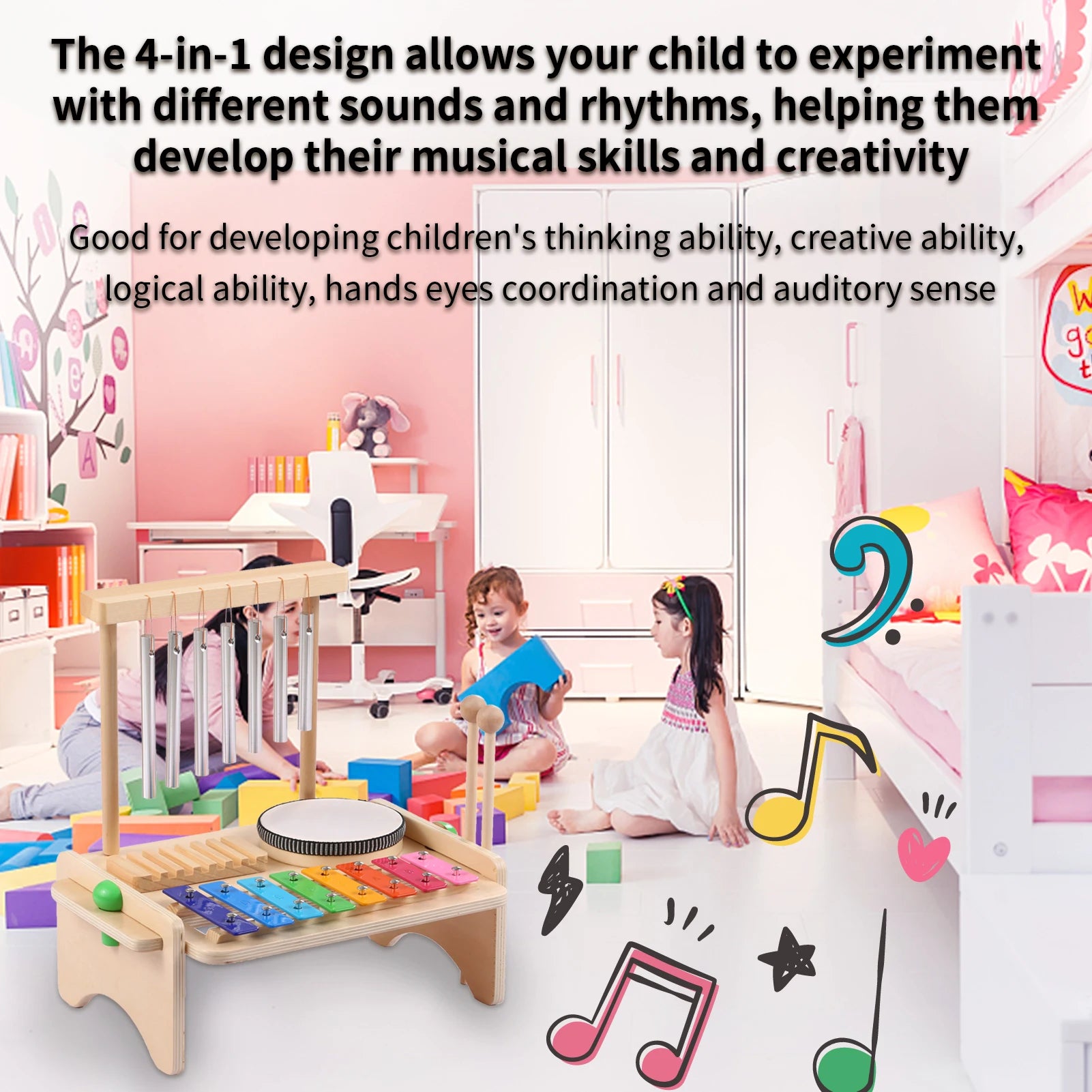 Children playing with a musical instrument set in a colorful room, with text about its educational benefits.