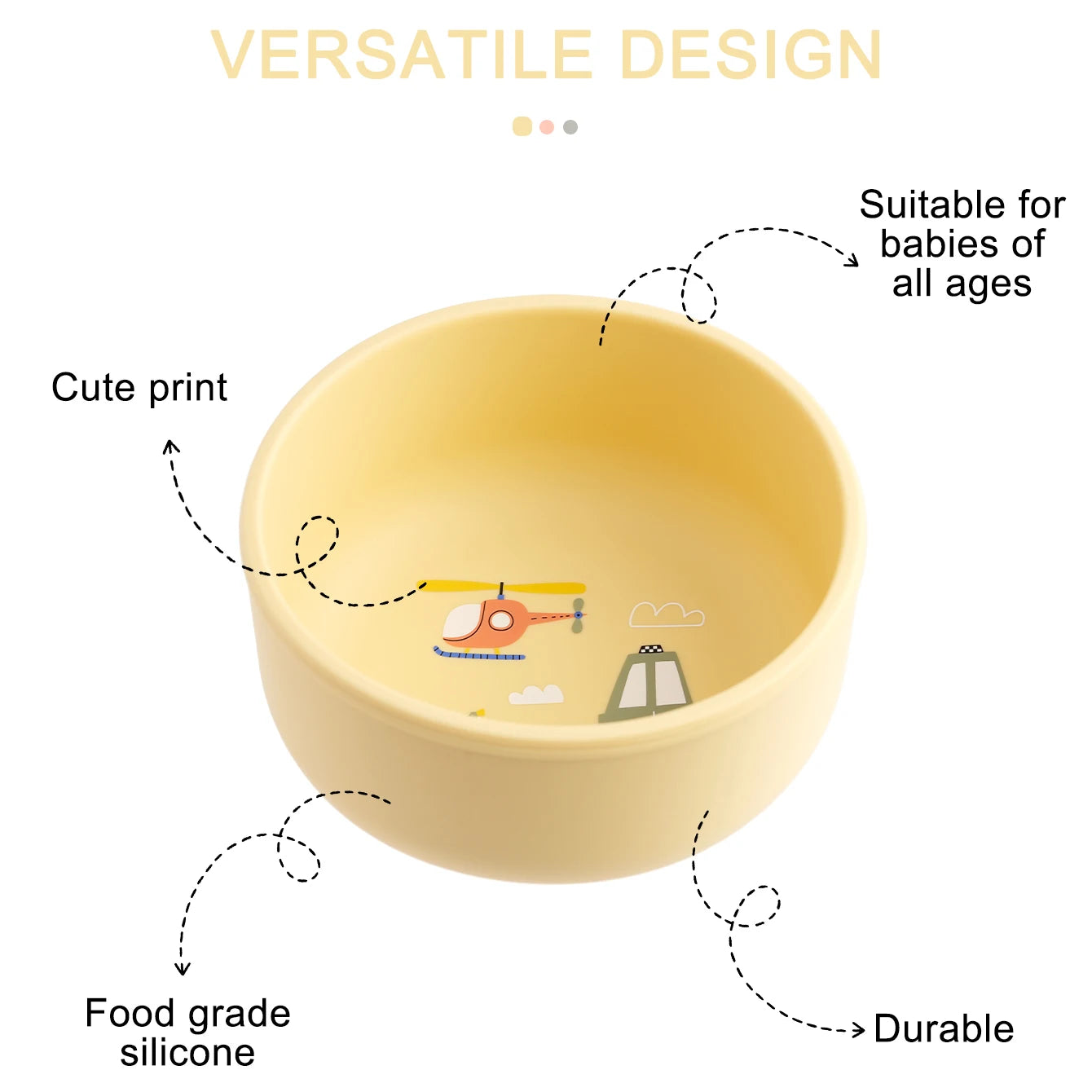 Yellow print bowl showing its food grade silicone and durable design