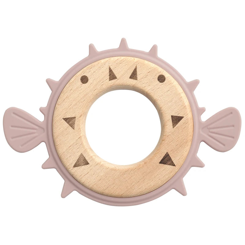 Dusty lilac pufferfish teether with wooden ring