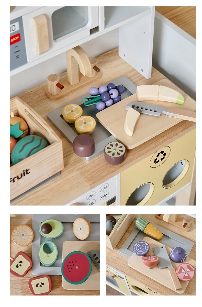 Wooden toy kitchen set with various utensils and food items on a wooden surface.