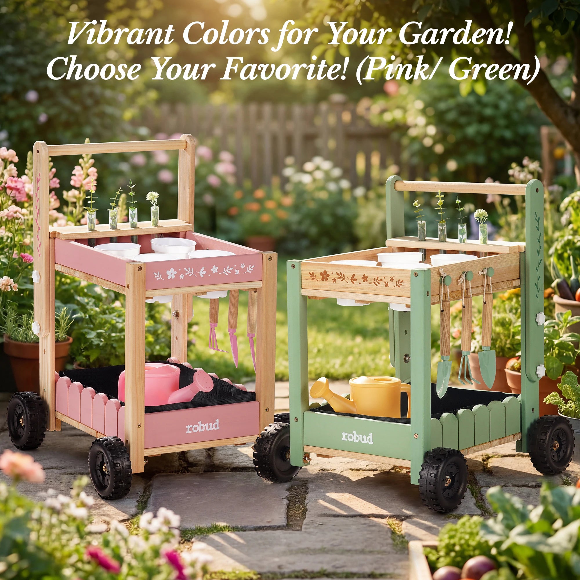 Wooden Kids Garden Cart with Tools and Planters