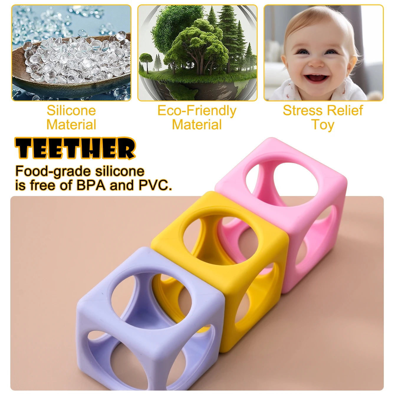 Food grade silicone cube teether, free of BPA and PVC
