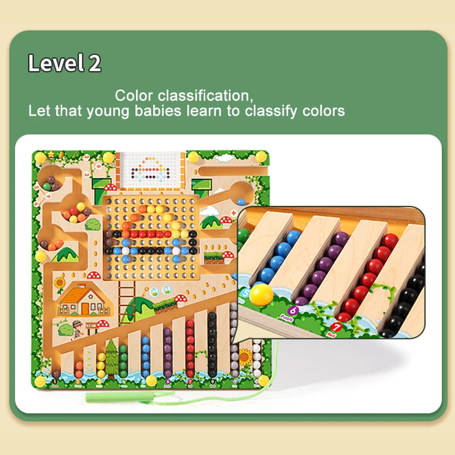 Color classification educational toy for young babies with wooden blocks and colorful beads.