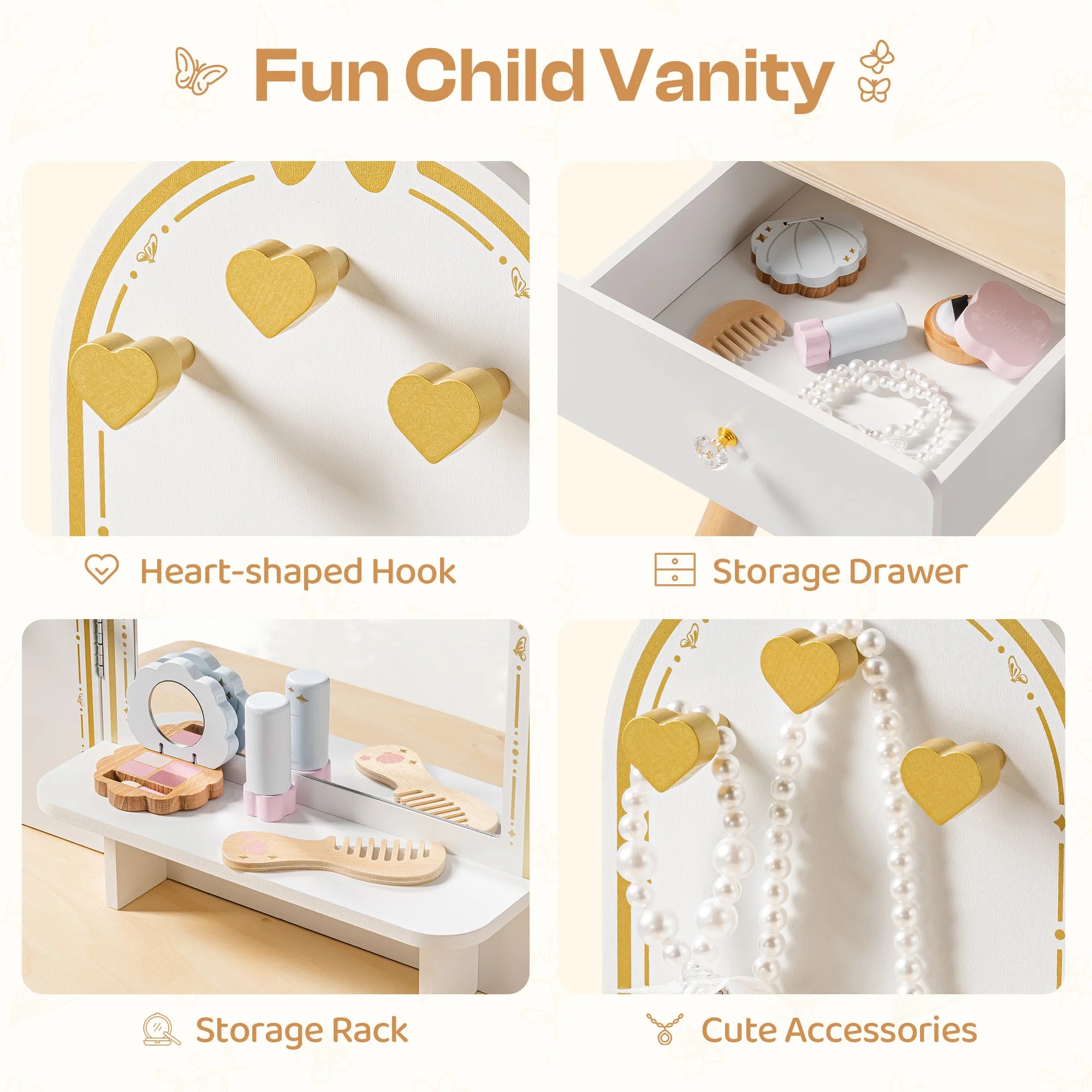 Wooden Kids Vanity Table with Mirror and Stool