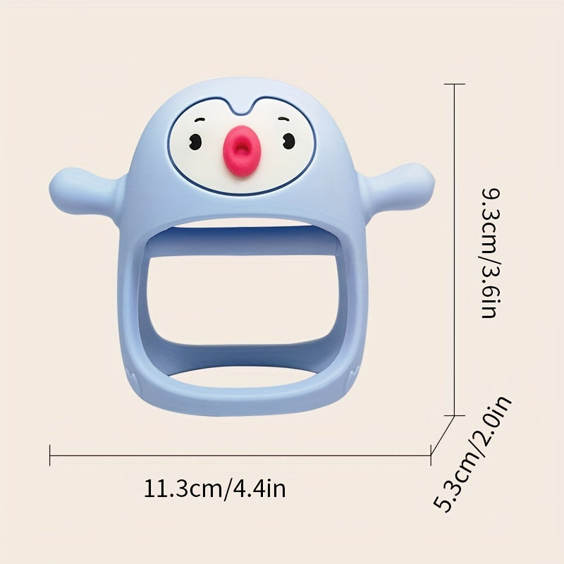 Blue baby teether with dimensions on a beige background