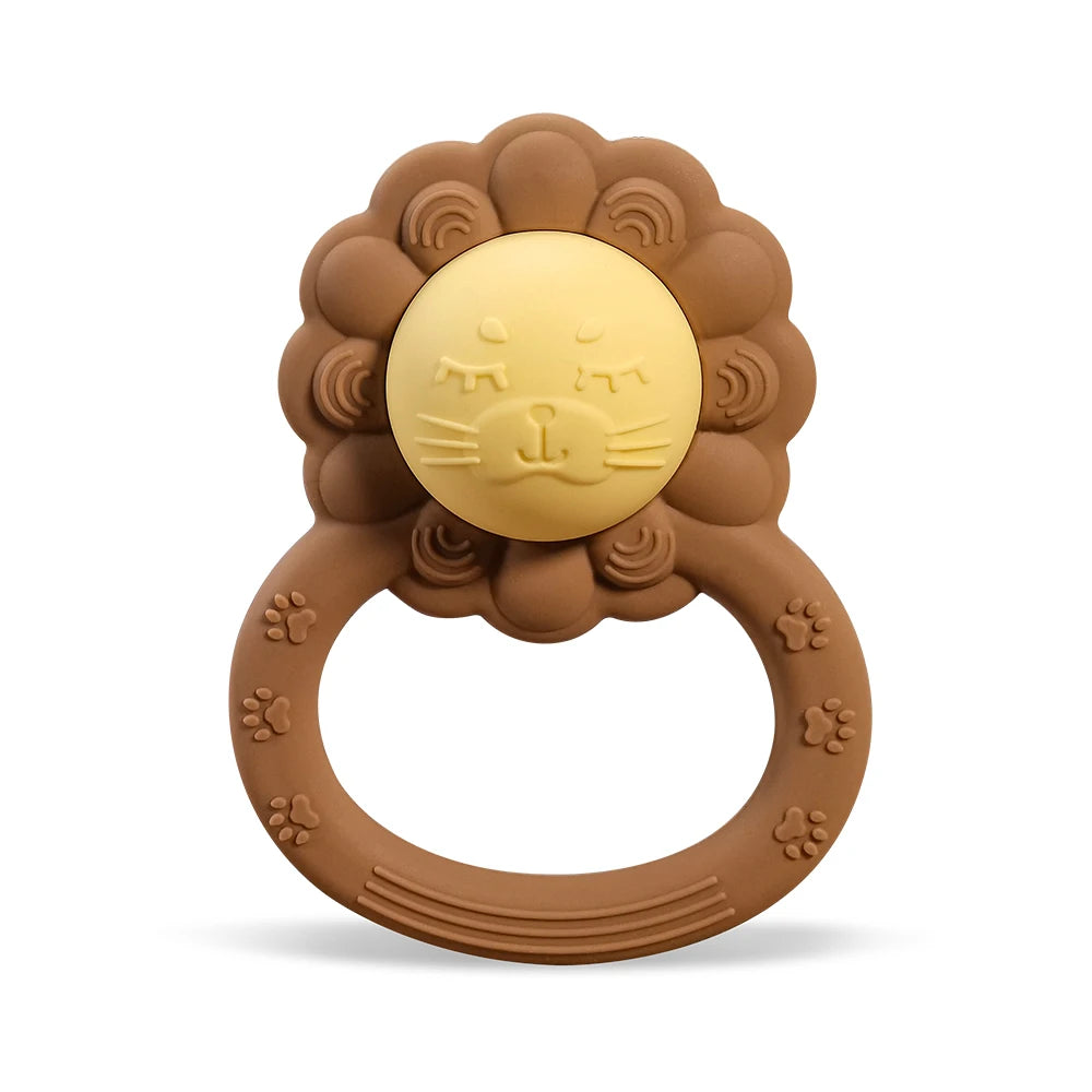 Brown lion-shaped teething ring with a gold center on a white background