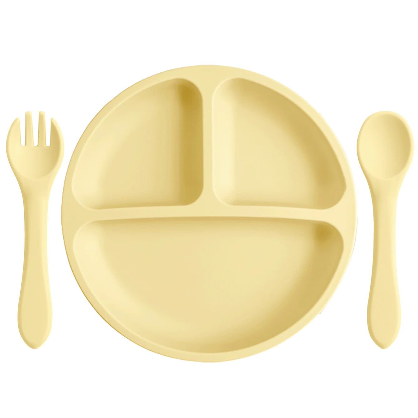 Light Yellow round divided plate with matching spoon and fork