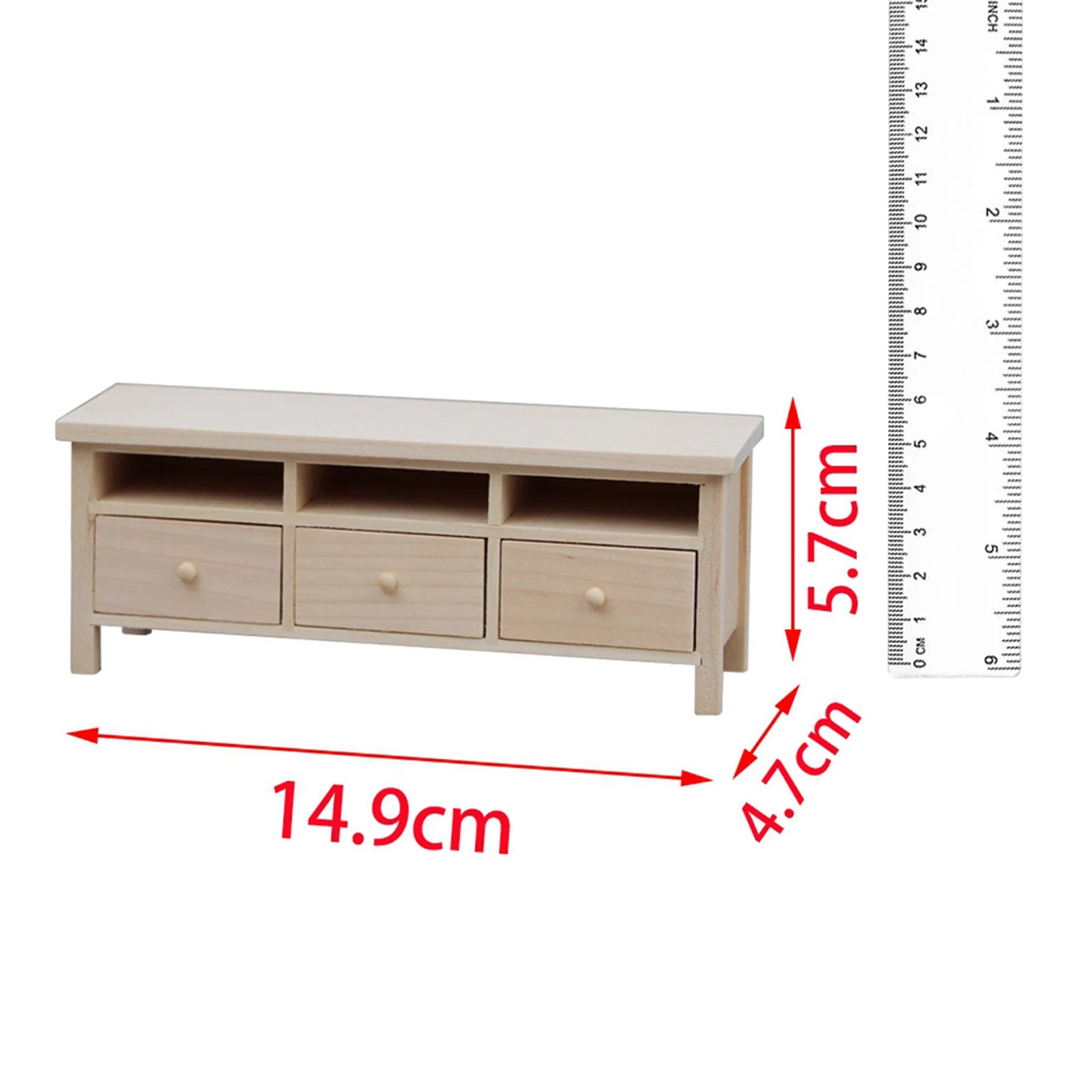 Beige TV stand with dimensions marked on a white background