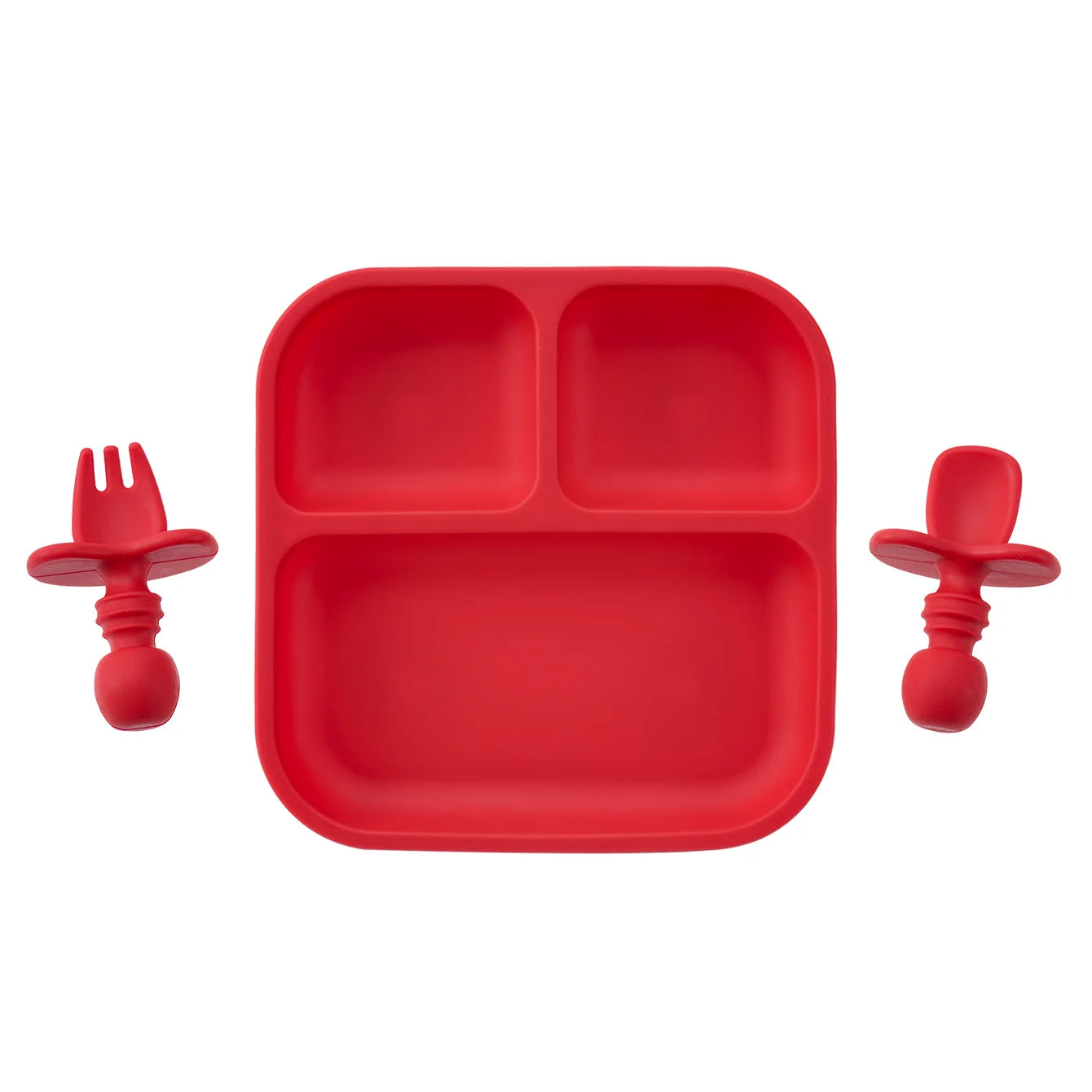 Square silicone suction plate set with spoon and fork in Red