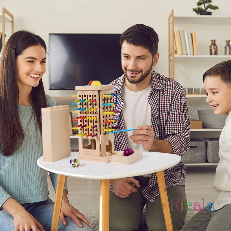 Family playing with a wooden toy in a living room