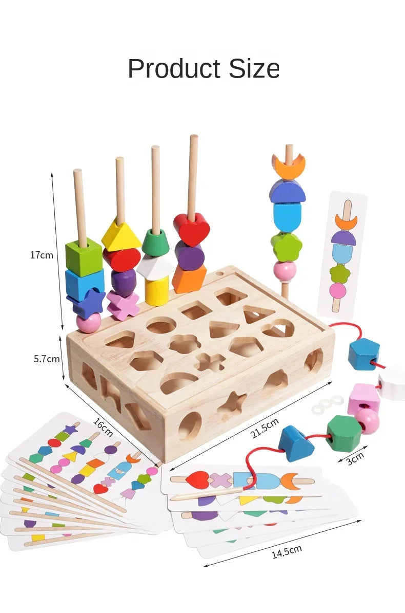 Wooden educational toy with colorful beads and shape sorter, product size measurements shown.