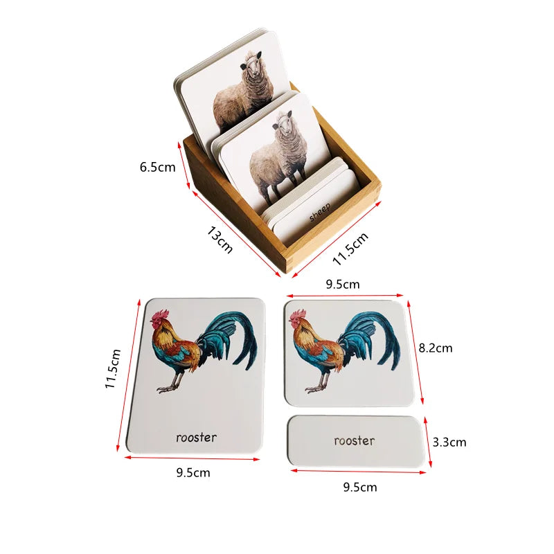 Montessori Farm Animals 3 Part Cards with Bamboo Tray 