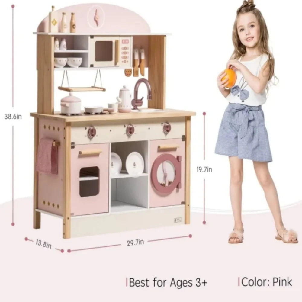 Children's play kitchen set with measurements and a child holding an orange.