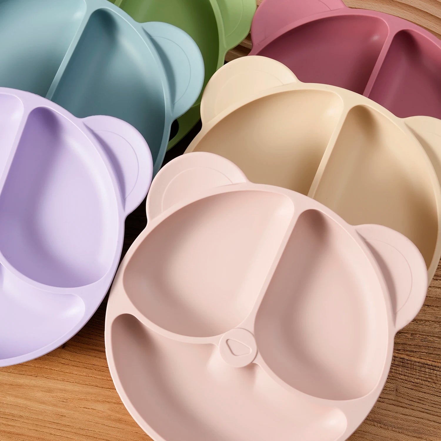 Bear divided plates in lavender, blush, blue, beige and green
