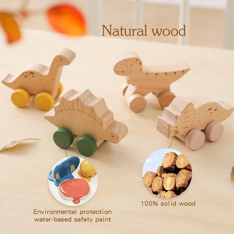 Wooden toy dinosaurs on a light surface with 'Natural wood' text and additional images of wood and paint.