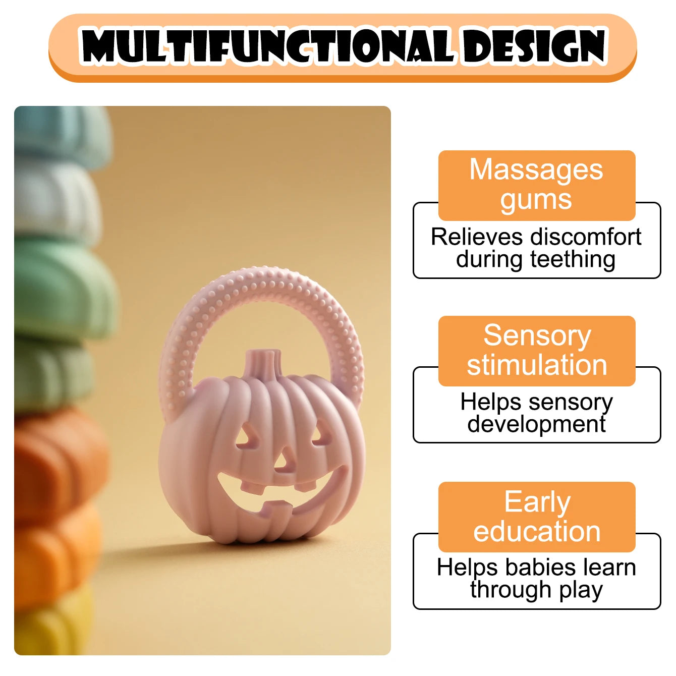 Pumpkin Silicone Teether | Oliver and Company Montessori Toys