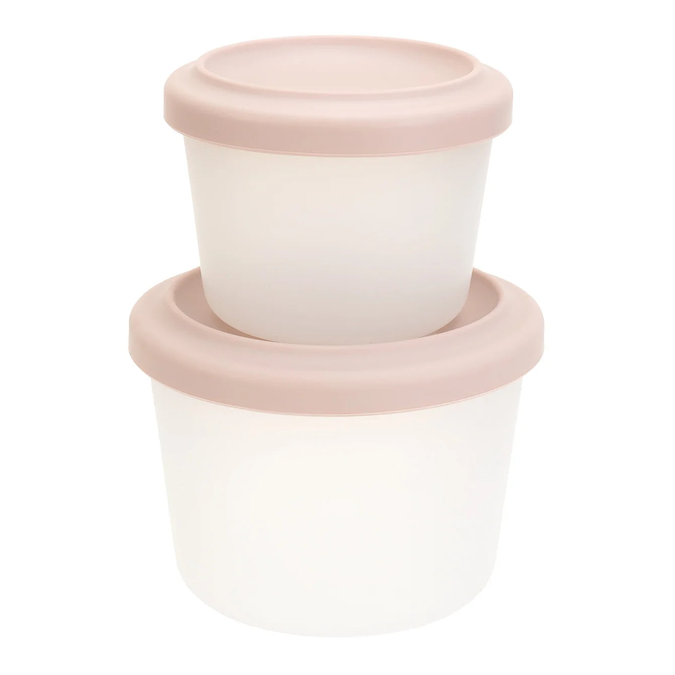 Two round silicone containers with blush lids