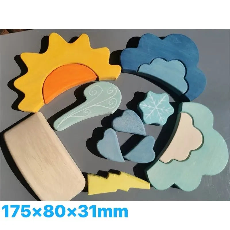 Wooden weather-themed puzzle with sun, clouds, and snowflake pieces on a gray background.