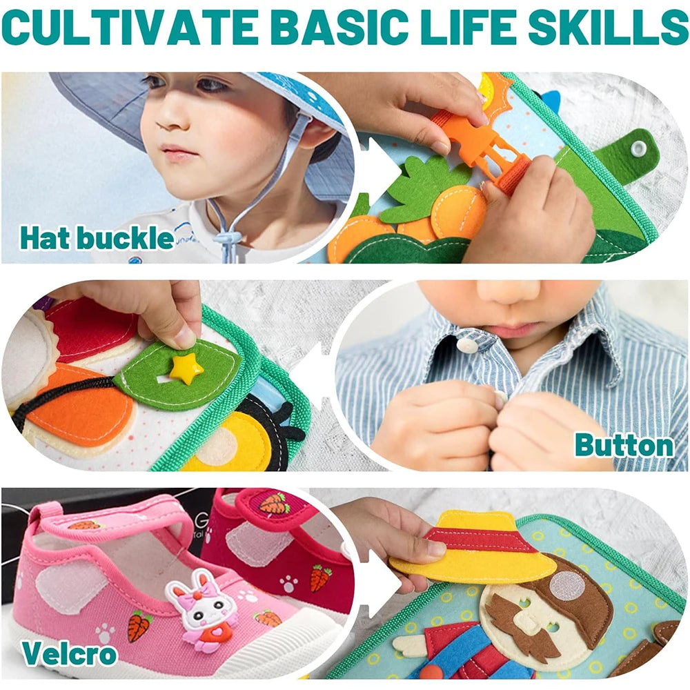 Educational toys for children to learn basic life skills like buttoning, buckling hats, and using Velcro.