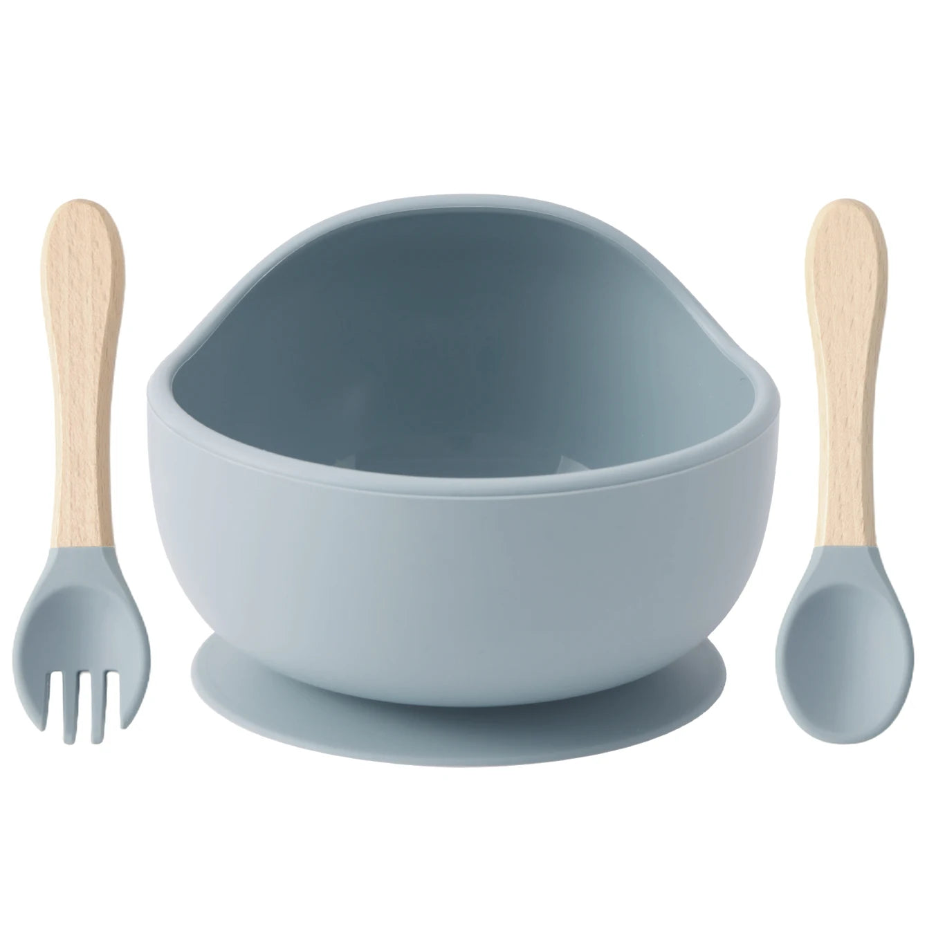Ether silicone suction bowl with wooden spoon and fork