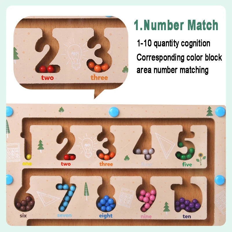 Wooden number matching puzzle with colorful beads for quantity and color learning.