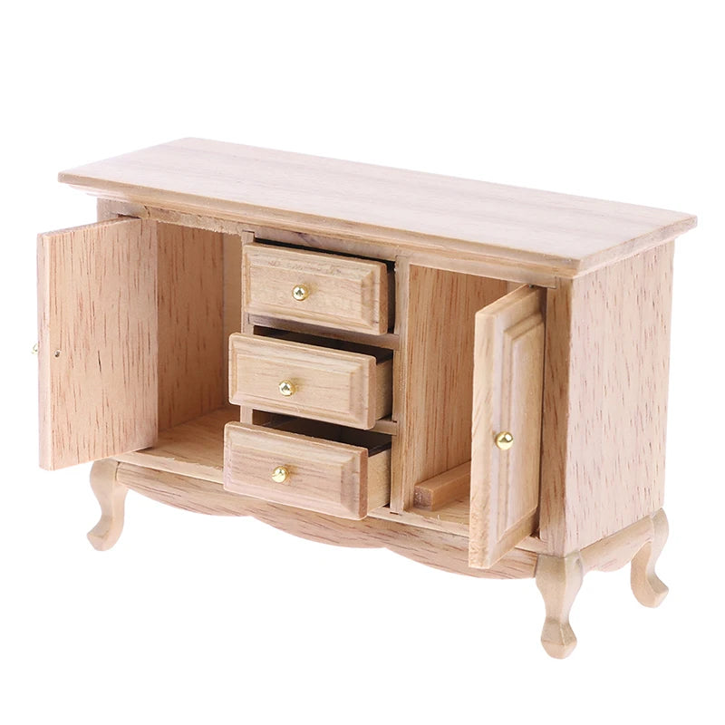 Wooden sideboard with open doors and drawers on a white background. Oliver & Company Montessori Toys