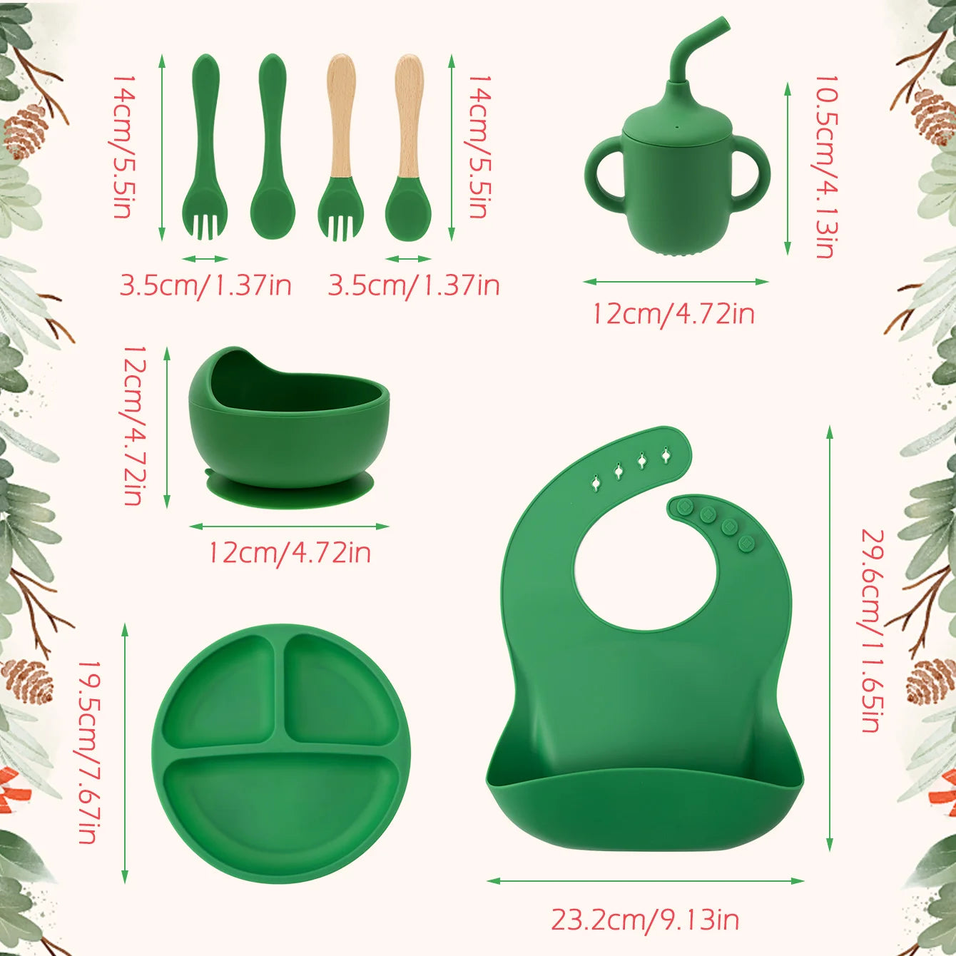 8-piece feeding set size chart showing each piece