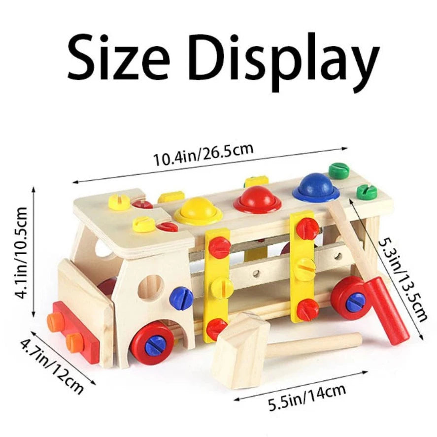 Montessori Truck Building Tools Toy with wooden parts and colorful components, designed for assembly and disassembly, enhancing fine motor skills and cognitive development.