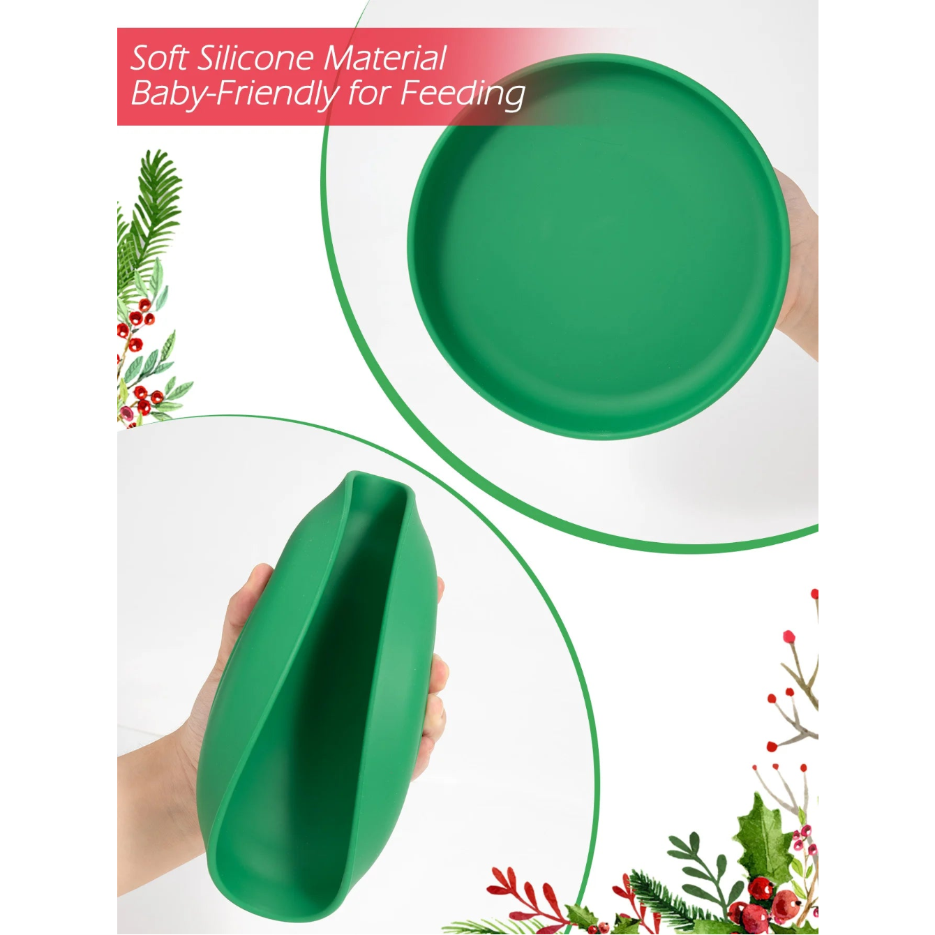 Soft, flexible green silicone plate being bent by hand