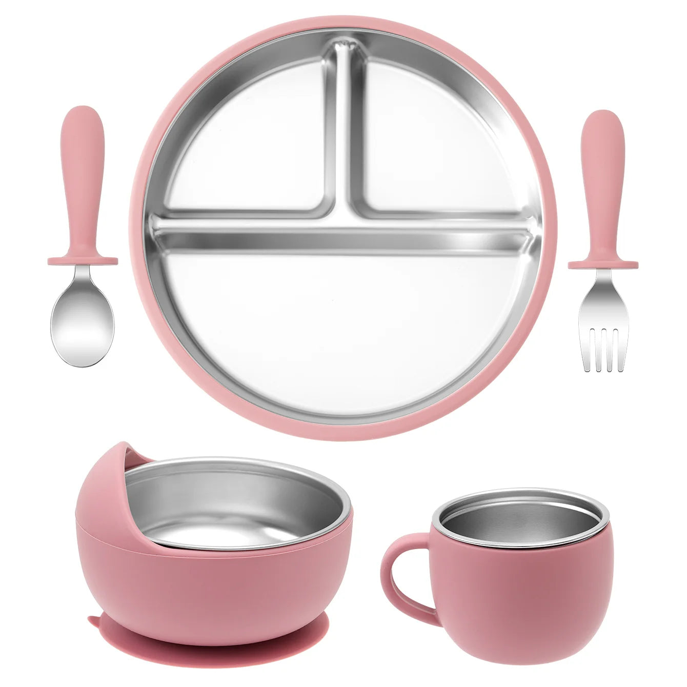 5-Piece Stainless Steel Silicone Baby Feeding Set with Cup | Oliver Montessori Toys