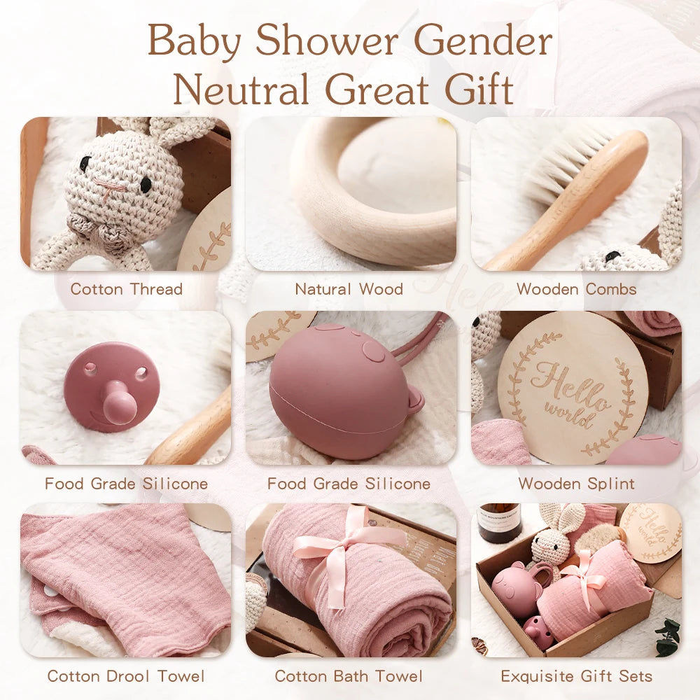 Collage of baby shower items for a gender-neutral gift, including toys, bath towels, and splints.