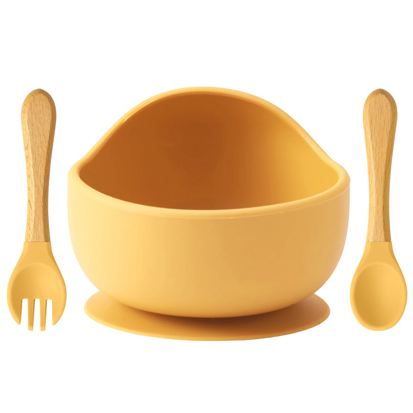 Mustard silicone suction bowl with wooden spoon and fork