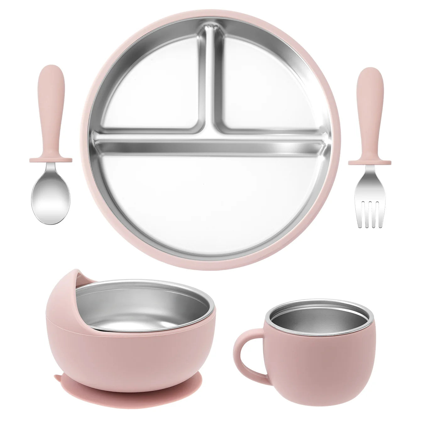 5-Piece Stainless Steel Silicone Baby Feeding Set with Cup | Oliver Montessori Toys