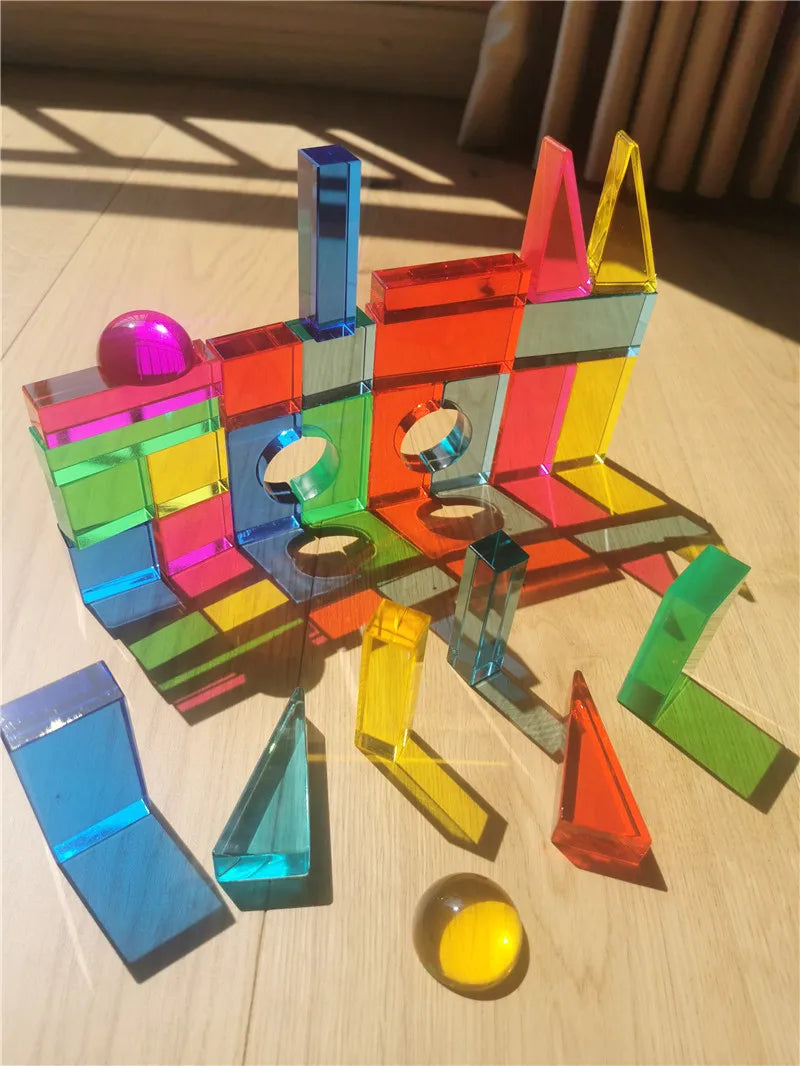 Rainbow Acrylic Geometric Blocks Set – Montessori Transparent Stacking Toy