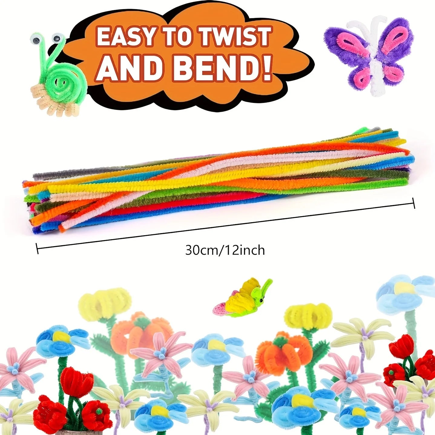 1000pcs Pipe Cleaners for Kids Crafts Projects shown in assorted colors, ideal for creative, hands-on activities, and versatile crafting uses.