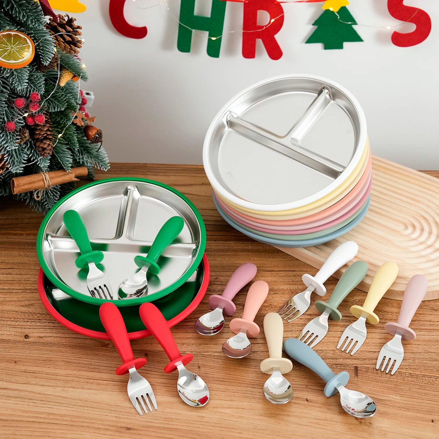 3-Piece Stainless Steel Divided Plate and Utensil Set | Oliver Montessori Toys