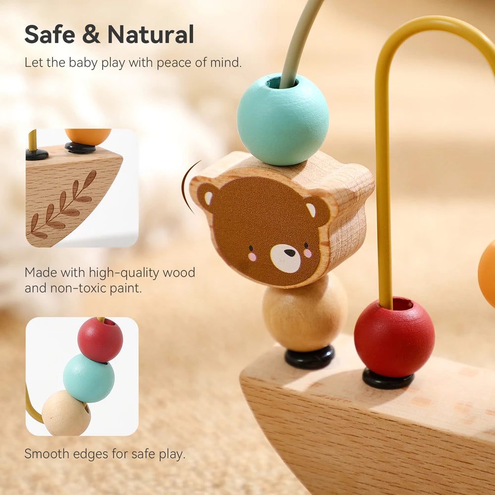 Close-up of the bead maze bear and smooth wooden beads