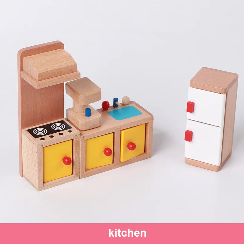 Wooden toy kitchen set with drawers and stove on a white background