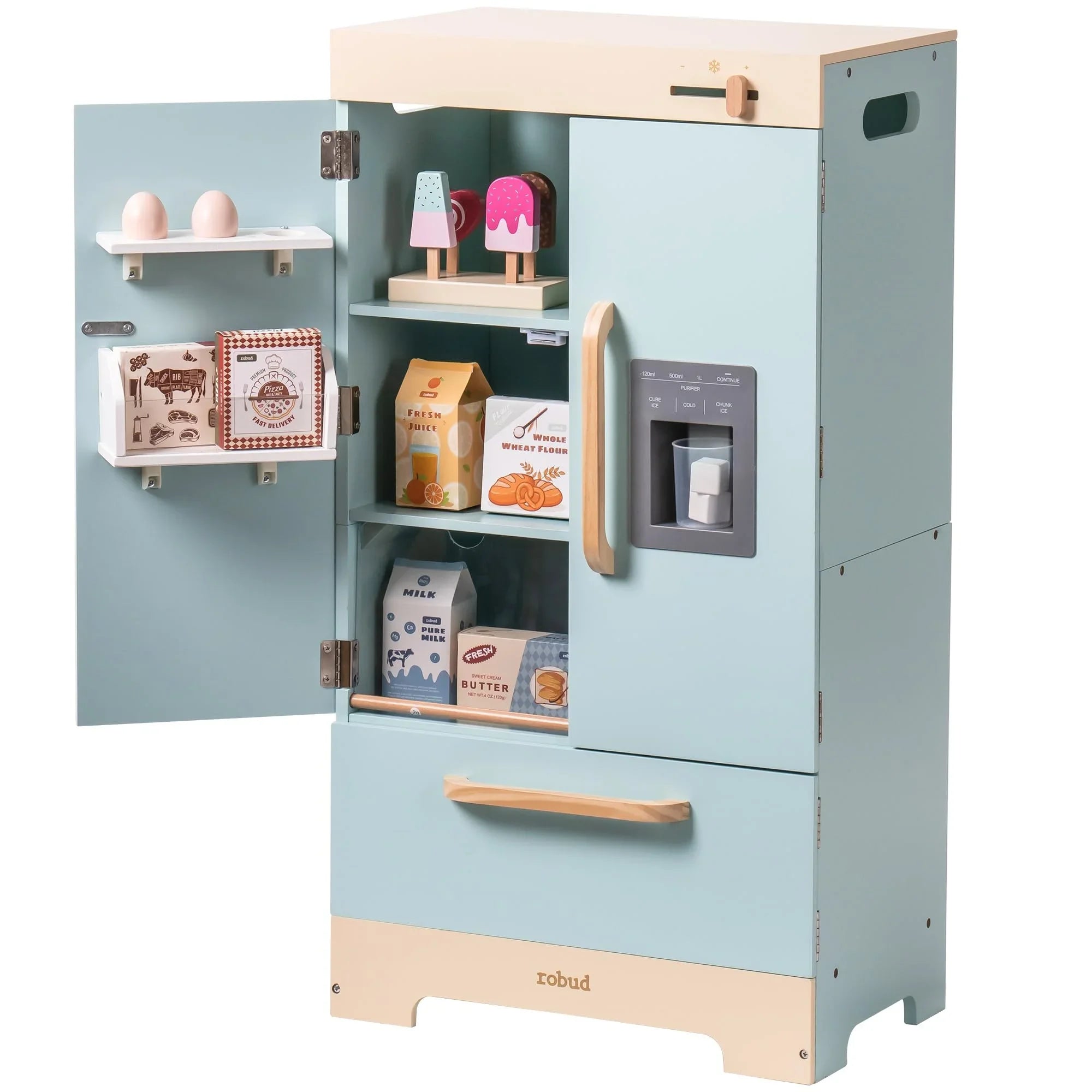 Children's toy kitchen with open doors displaying various food items and a refrigerator.