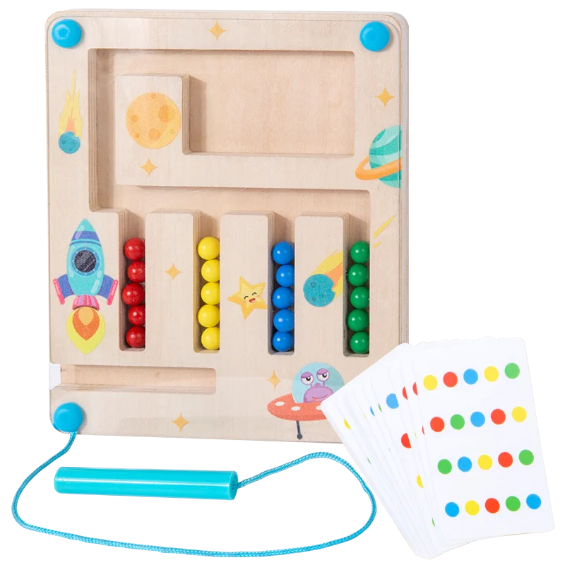 Wooden educational toy with colorful beads and a chart on a white background
