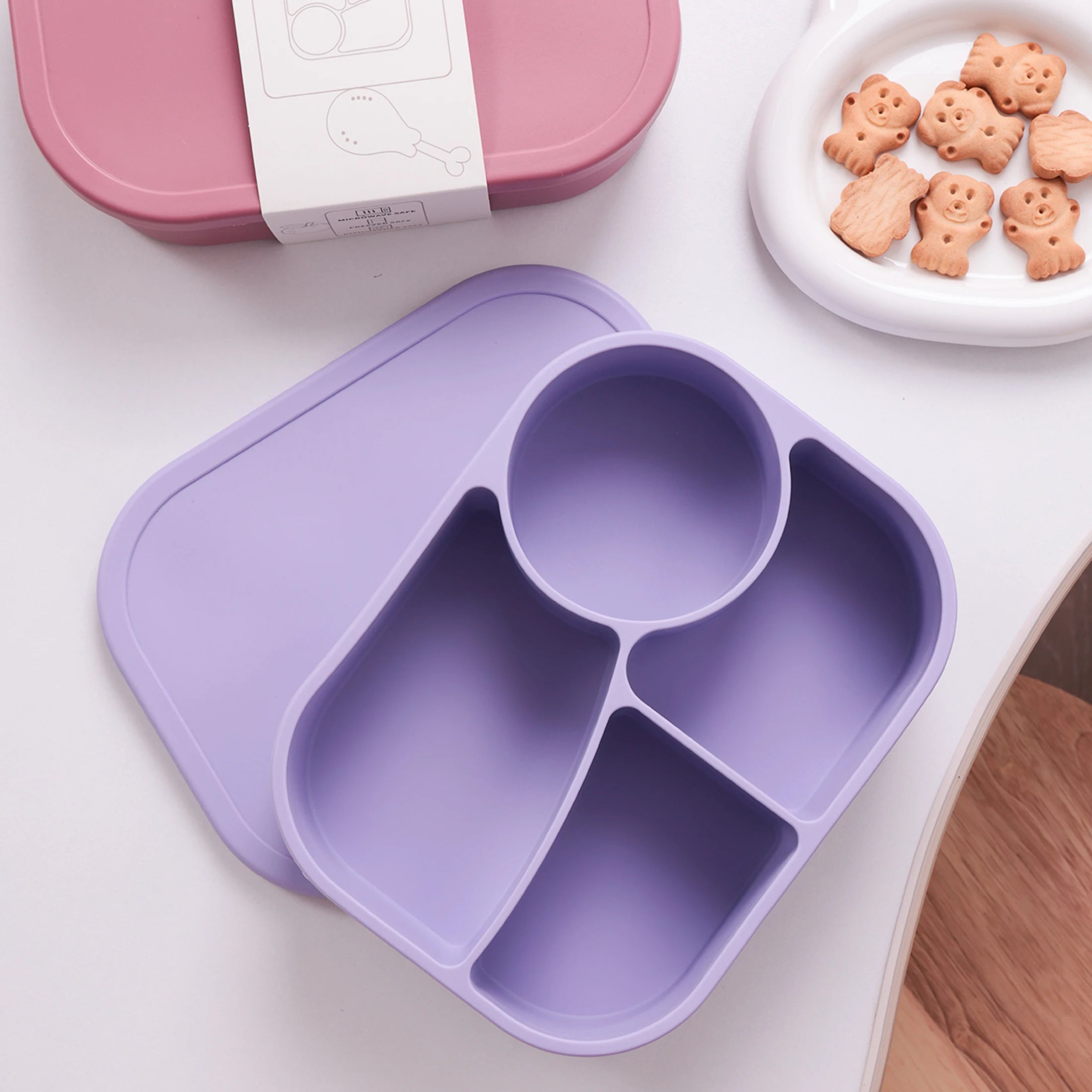 Lavender 4-compartment bento box with a round dip cup