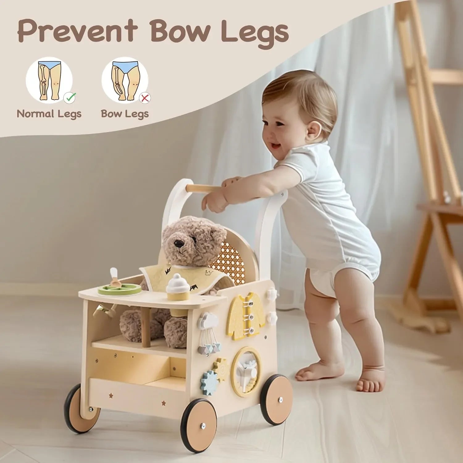Child pushing a wooden toy cart with educational graphics about bow legs.