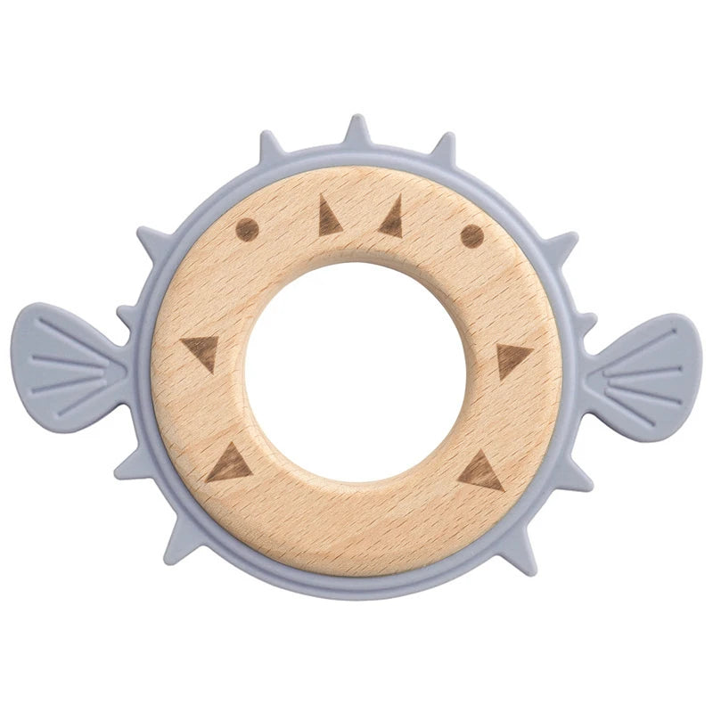 Pebble pufferfish teether with wooden ring