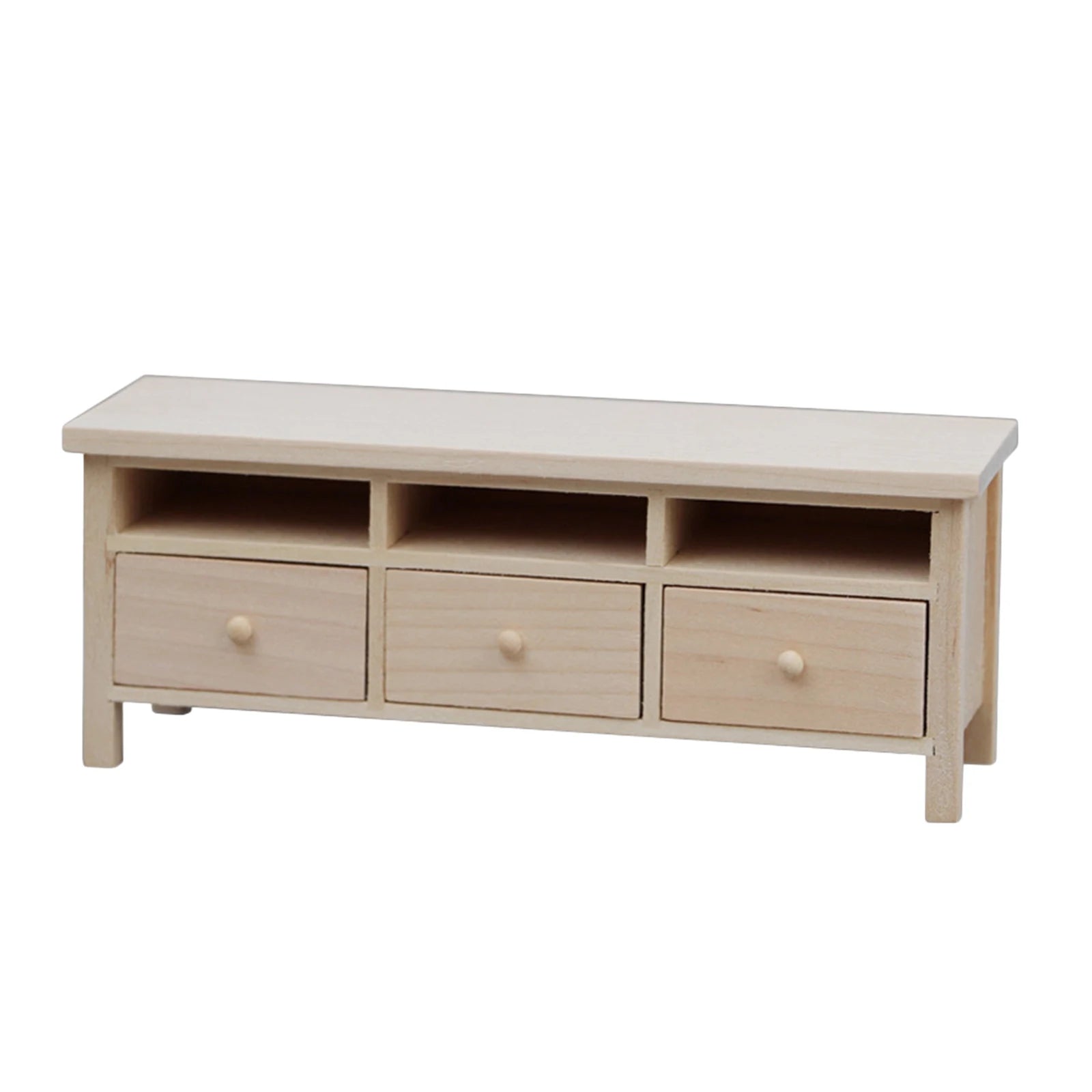 Wooden TV stand with three drawers on a white background