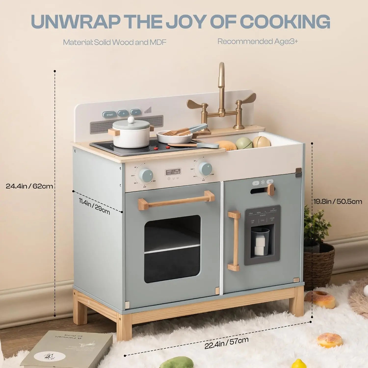 Wooden play kitchen set with measurements on a neutral background