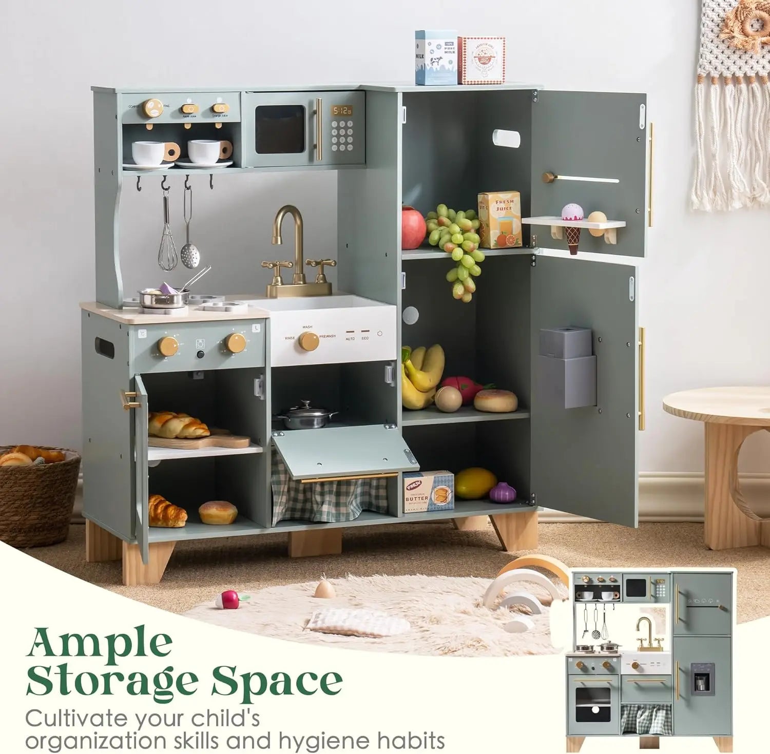Children's play kitchen set with ample storage space in a room setting.