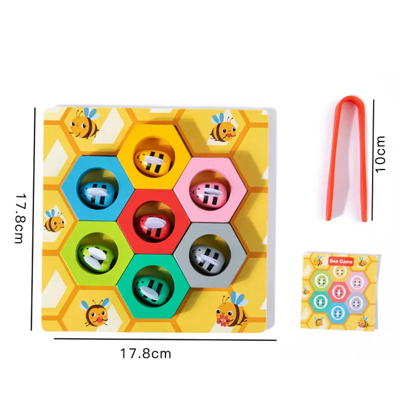 Colorful children's puzzle with bee design, measurement details, and a small box with buttons on a white background.