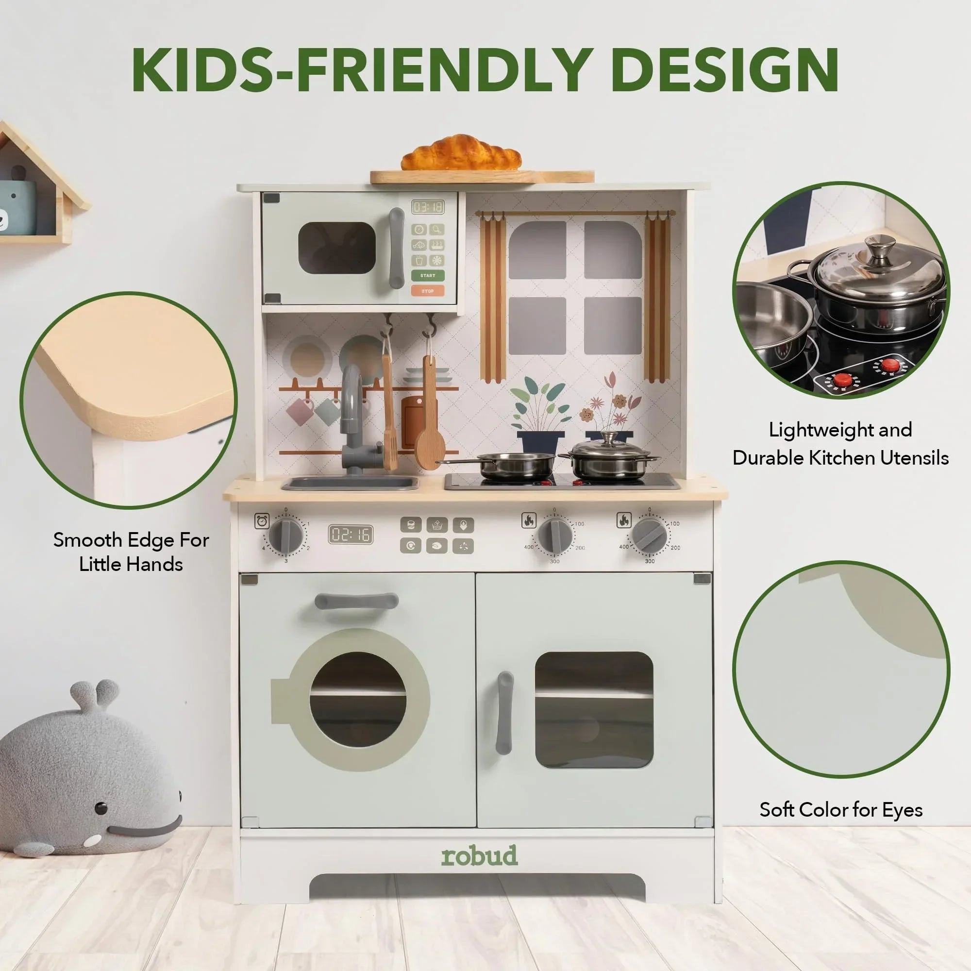 Children's play kitchen set with various features highlighted, including a microwave, oven, and utensils.
