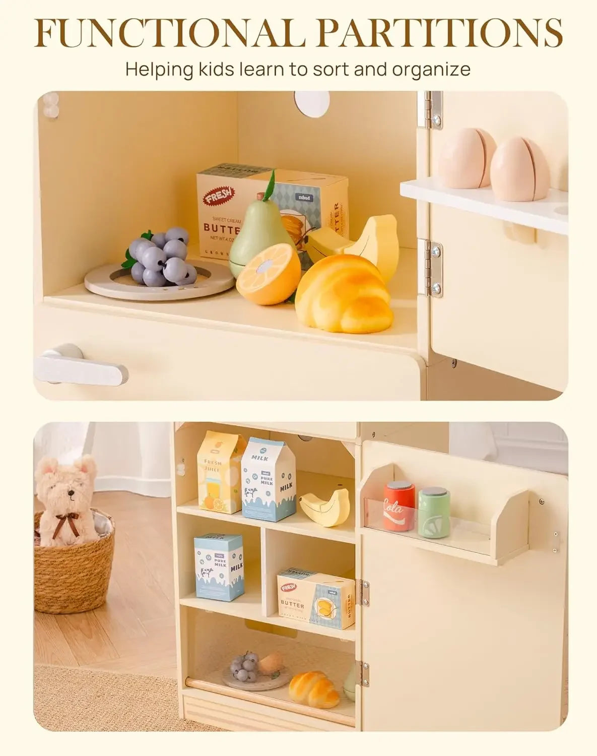 Children's play kitchen with wooden shelves and toy food items, promoting sorting and organization.