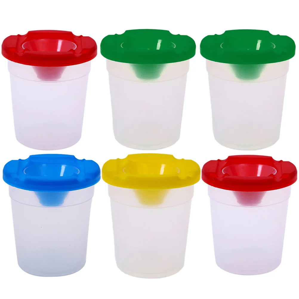 6pcs Painting Cups - Spill-Proof Paint Containers and Brush Holders, featuring clear plastic cups and colorful lids, perfect for organized and mess-free painting activities.